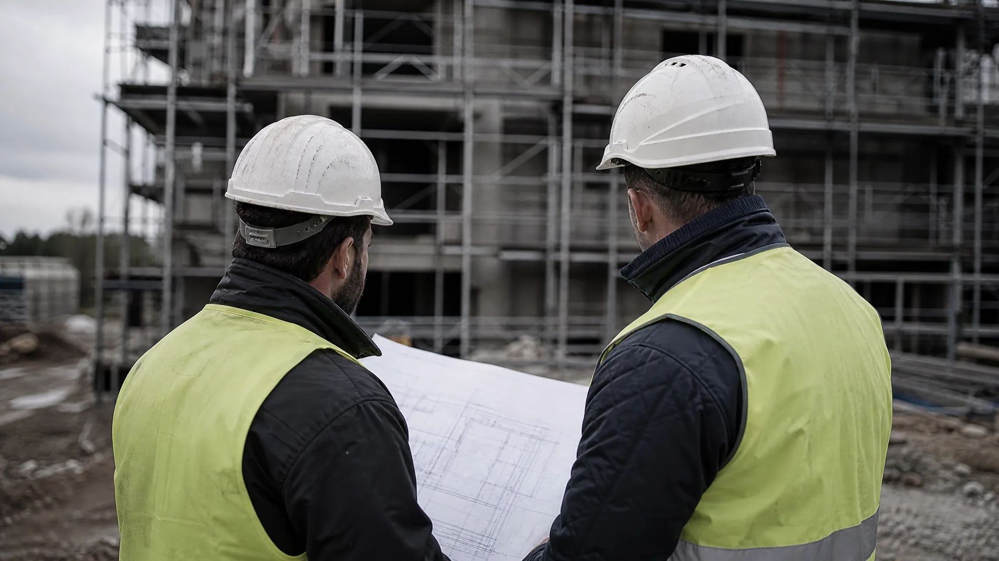 Two construction workers reviewing plans on a building site