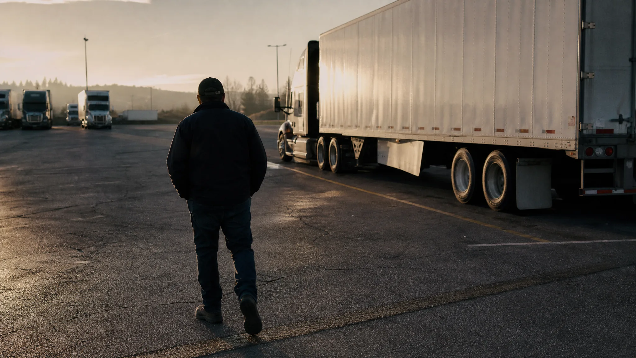 A driver walking towards a parked rig at a truck stop at sunrise