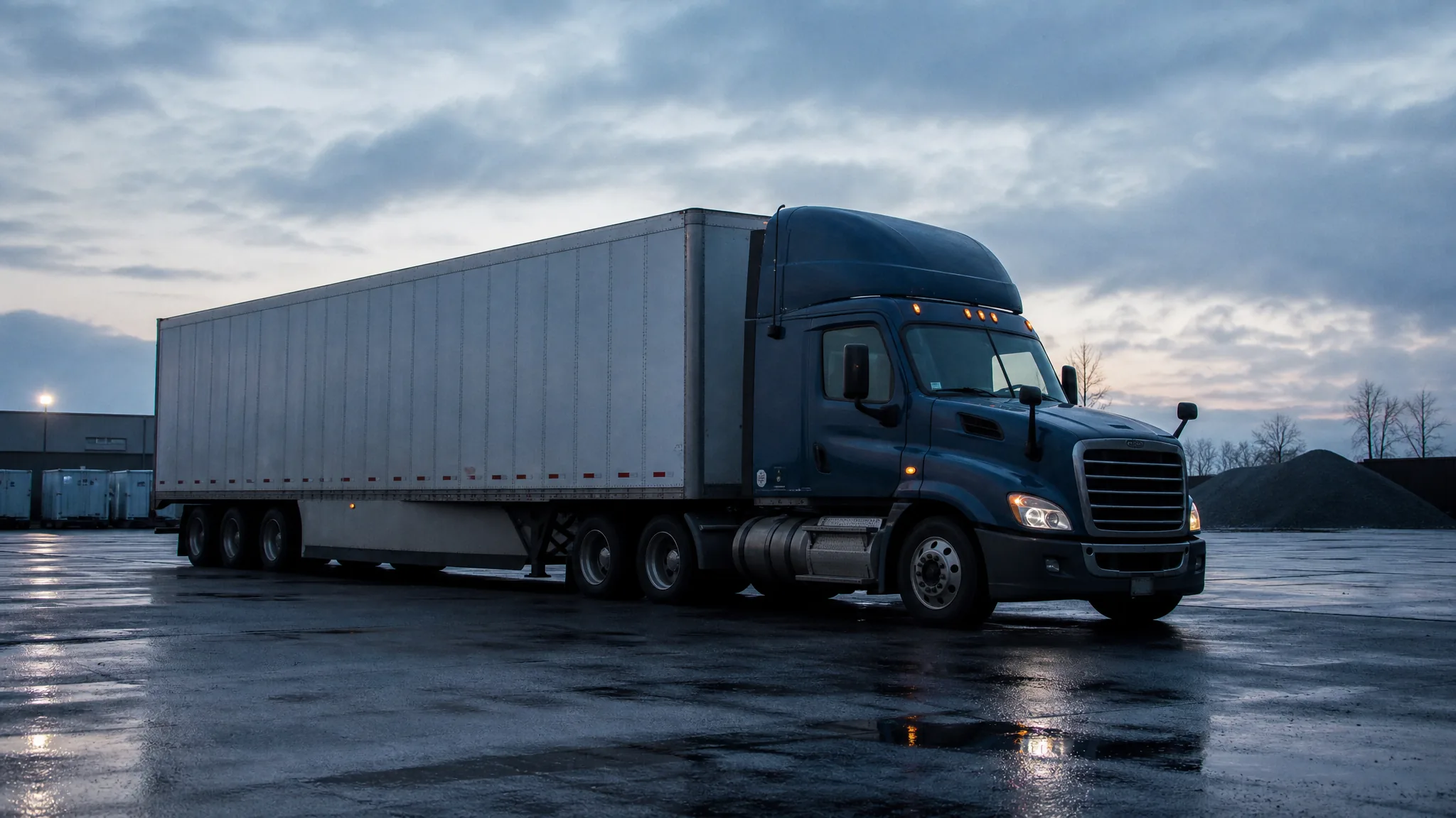 A semi truck parked at a distribution yard at dawn